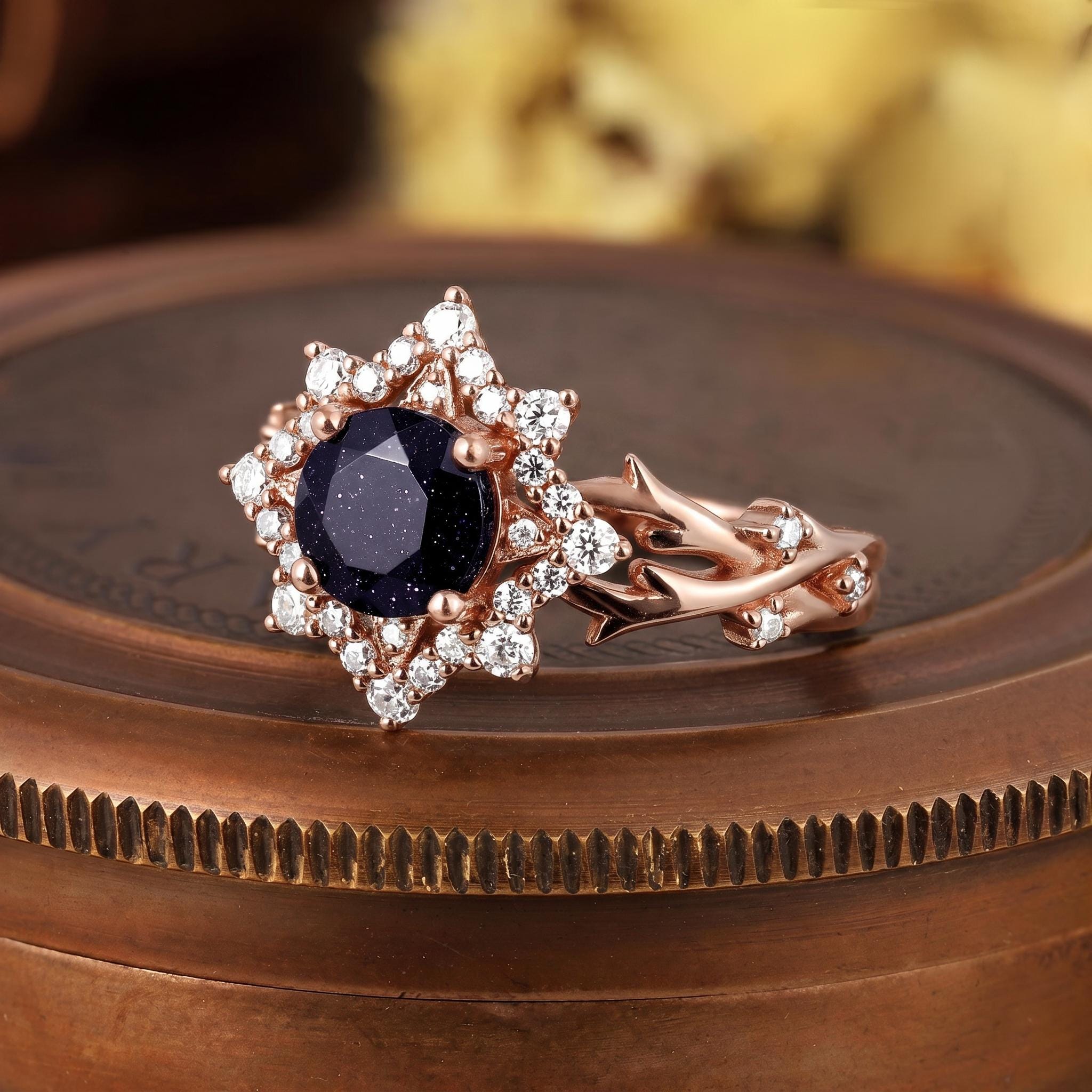 Gothic Blue Sandstone Engagement Ring Black Witch Galaxy Bridal