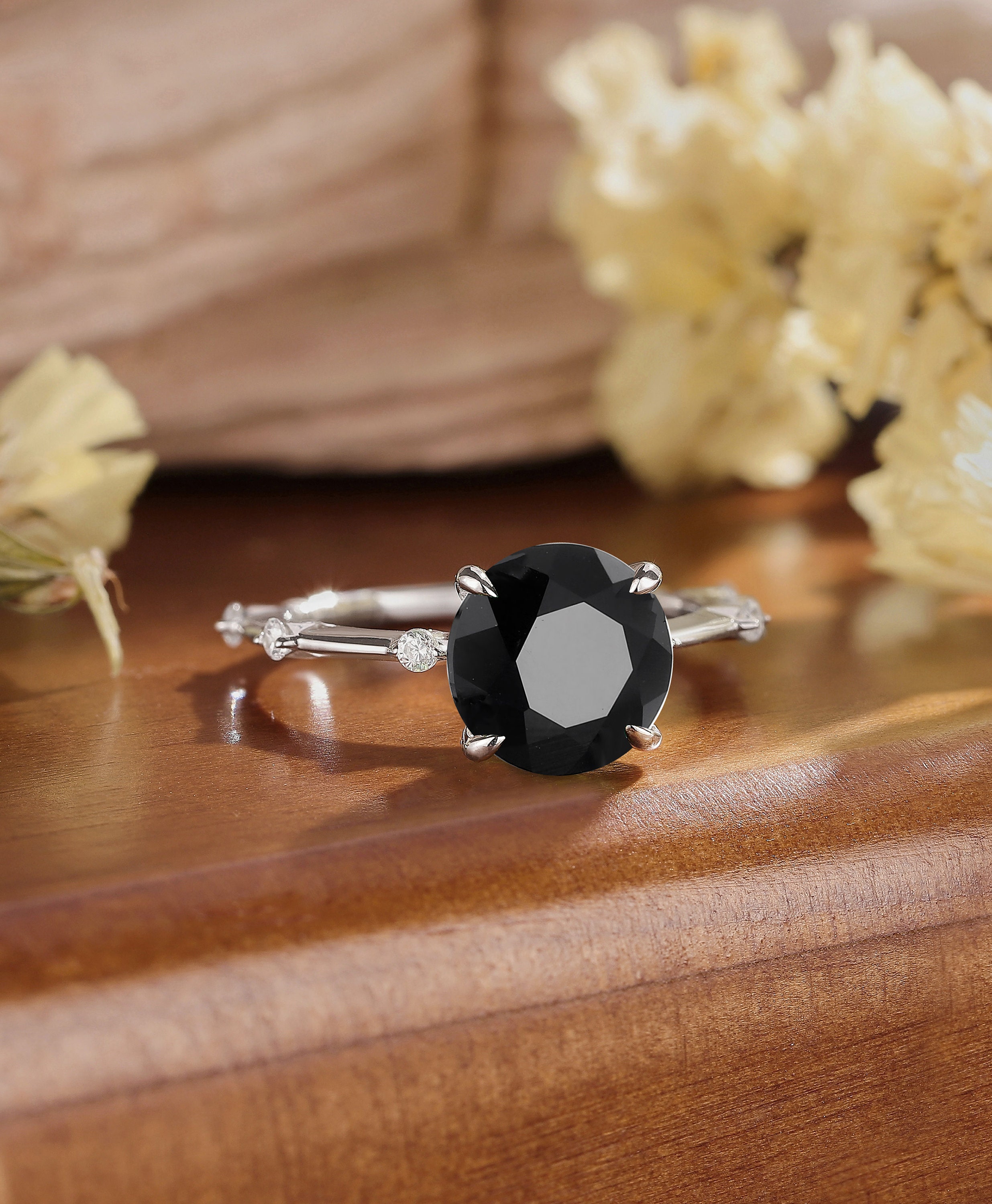 Unique Black Onyx Engagement Ring Vintage 14k Gold Wedding Ring