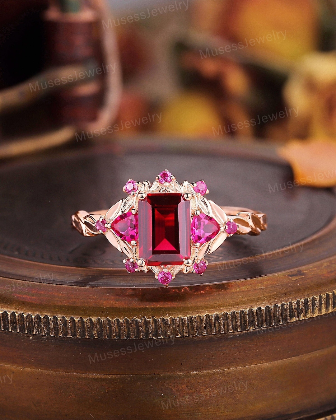 Vintage Emerald Cut Ruby Engagement Ring Nature Inspired Leaf Ruby ...