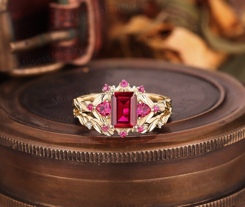 Vintage Emerald Cut Ruby Promise Ring Set Nature Inspired Ruby 18k Gold ...