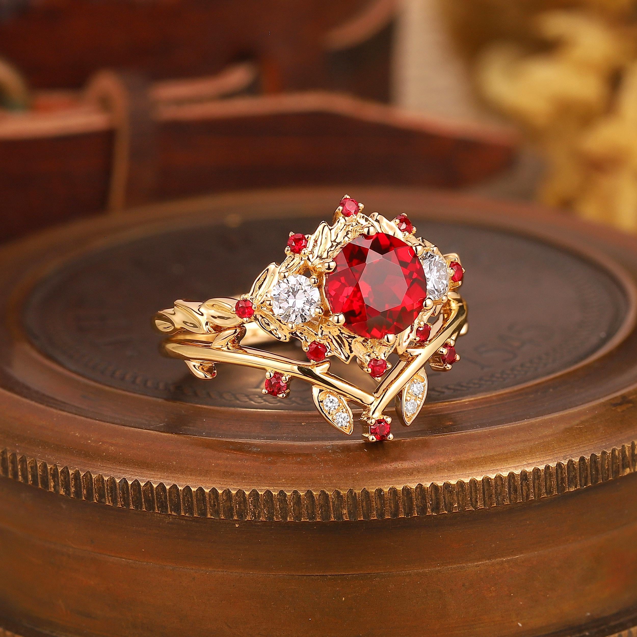 Vintage Round Cut Lab-ruby Bridal Promise Ring Set 18kgold Ruby and ...