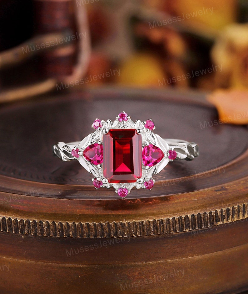 Vintage Emerald Cut Ruby Promise Ring Set Nature Inspired Ruby 18k Gold ...
