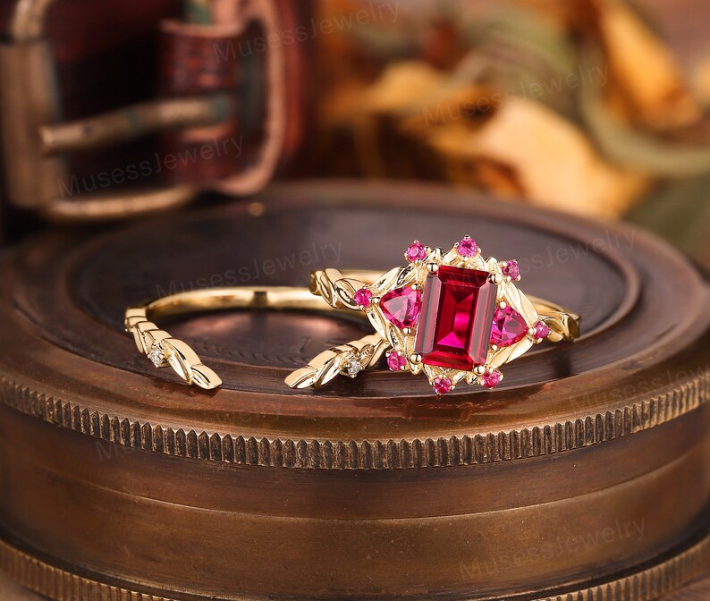 Vintage Emerald Cut Ruby Promise Ring Set Nature Inspired Ruby 18k Gold ...