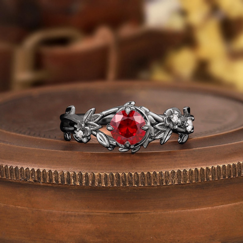 Vintage Round Cut Ruby Engagement Ring Nature Inspired Branch Leaf ...