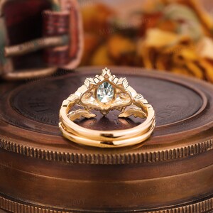 Vintage oval green moissanite engagement ring set 14k gold engagement ring set Unique natural sapphire leaf ring set Bridal wedding set ring image 4