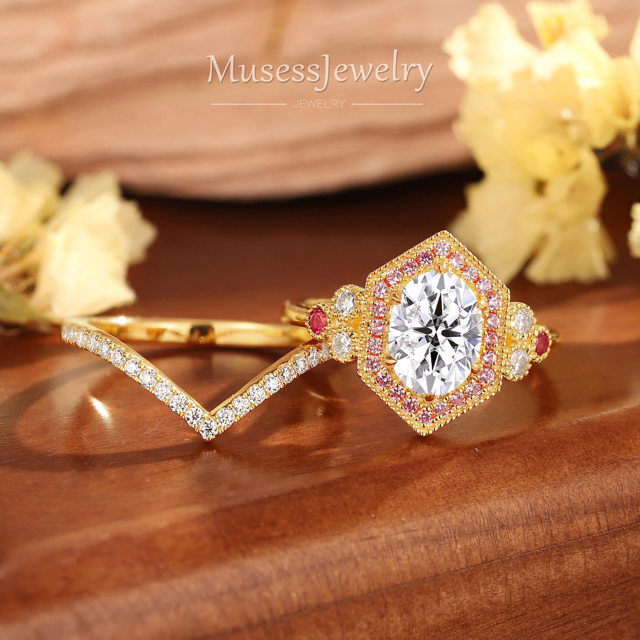 Oval Moissanit Verlobungsring Set Einzigartige Solid Gold Verlobungsring Vintage Gebogener Diamant Ehering Set Rosa Saphir Versprechensring Set