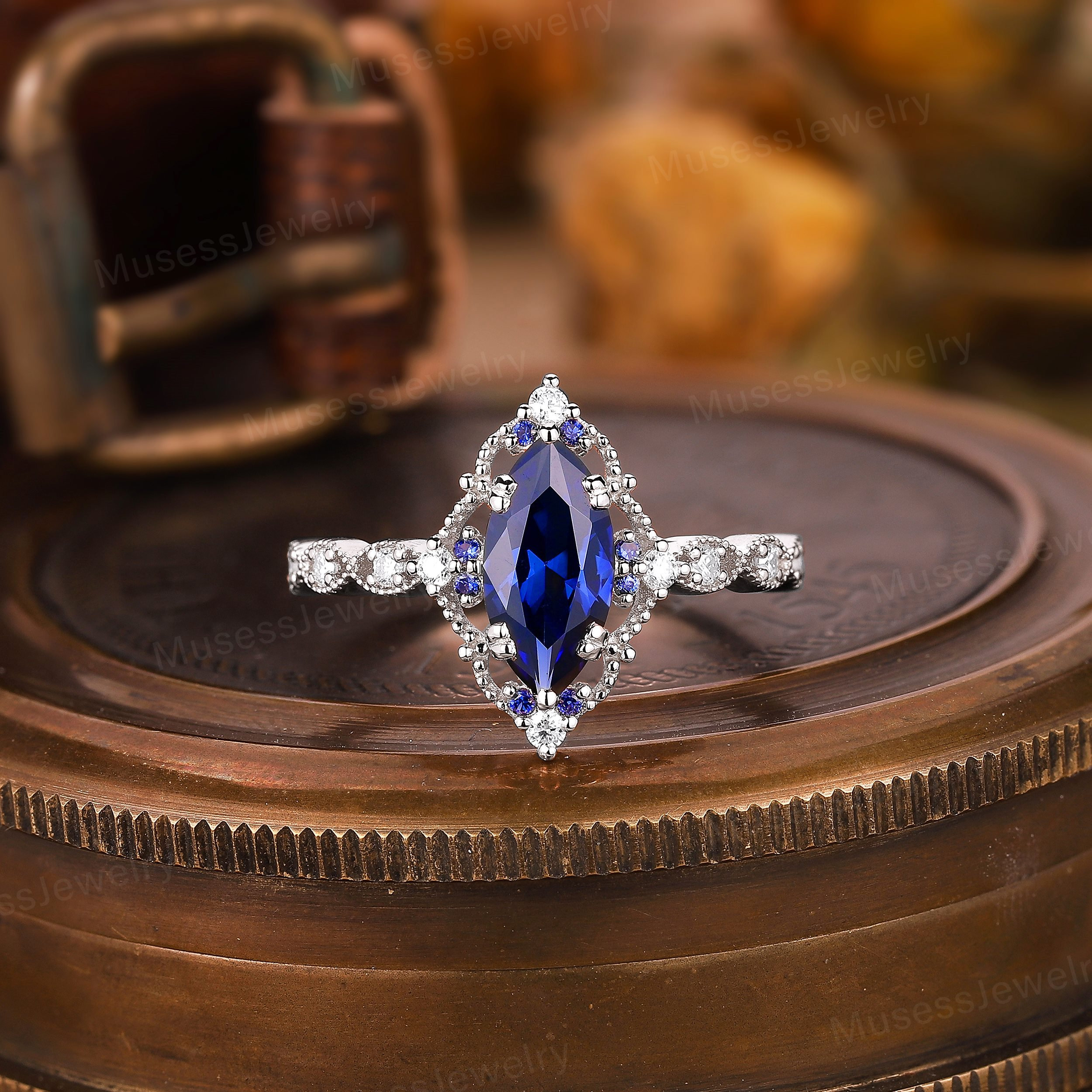 Vintage Sapphire Wedding Ring Marquise Cut Sapphire Engagement Ring ...