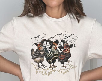 Funny Chicken Halloween T-Shirt, Spooky Barnyard TShirt, Witchy Hen Shirt for Farmer, Poultry Tee for Homesteaders