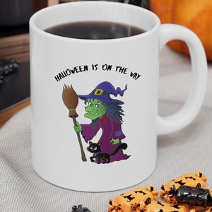 Green Witch Halloween 11 oz Ceramic Mug, Scary Broomstick Cup, Gift for Coffee Lover