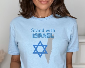 May include: Light blue t-shirt with the text "Stand with ISRAEL" and a Star of David and outline of Israel in gray.