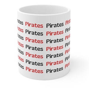 Pirates 11 oz Ceramic Coffee Mug, Hot Coffee Cup, Folklore Mug, Sports Teams, Black White Red Glass Drinkware, Gift Idea