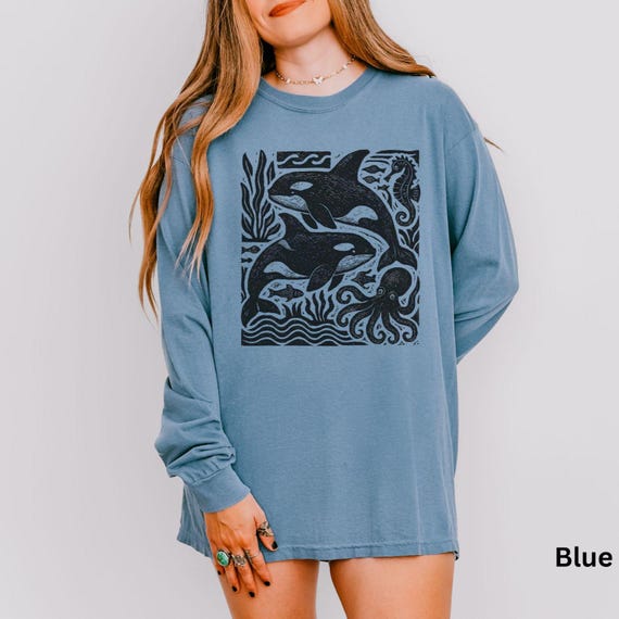 Vintage Linocut Whale Comfort Colors LS Shirt, Block Print Orca Ocean Life Long Sleeved T-Shirt, Sea Creature Tee, Gift for Whale Lover