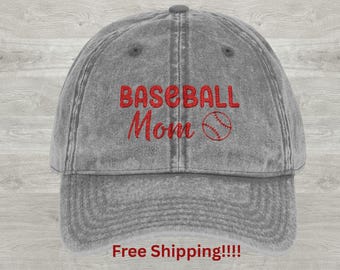 May include: Gray baseball cap with the text "Baseball Mom" embroidered in red with a red baseball graphic. Free Shipping!!!