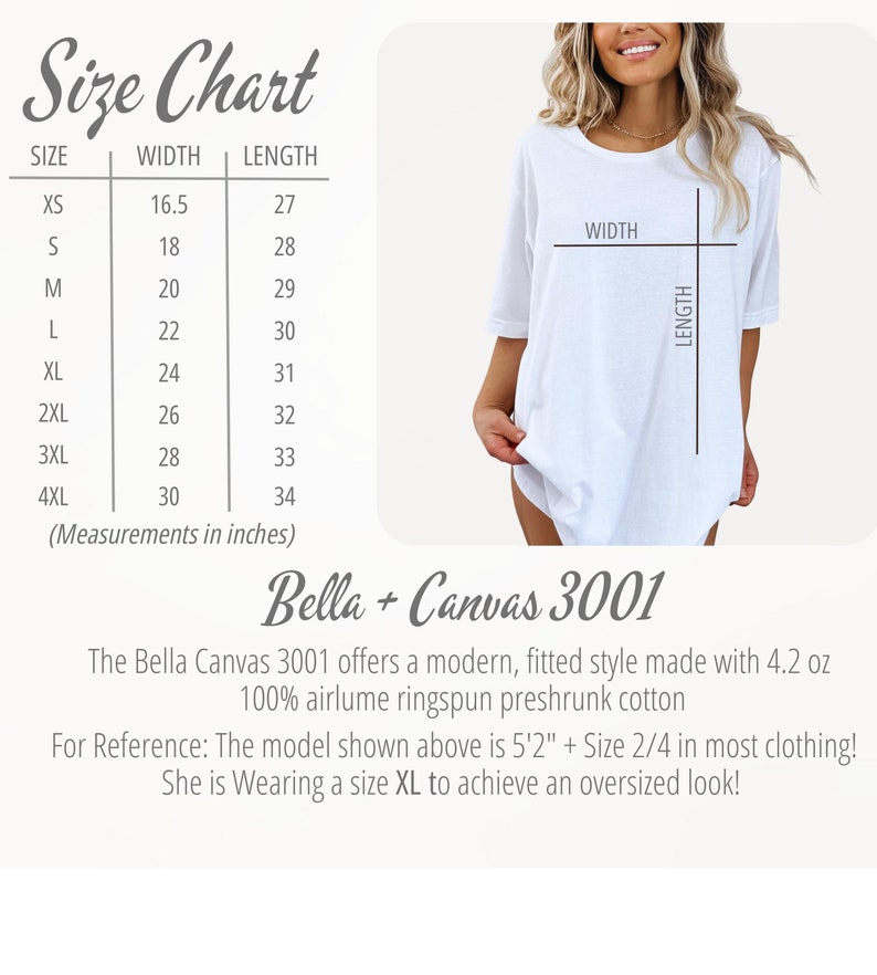 Puede incluir: Tabla de tallas para camisetas Bella + Canvas 3001, que muestra las medidas de ancho y largo en pulgadas para las tallas XS a 4XL. La tabla incluye una foto de una camiseta blanca con las medidas marcadas.