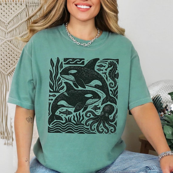 Vintage Linocut Whale Comfort Colors Shirt, Block Print Orca Ocean Life T-Shirt, Wood Stamp Sea Creature Tee, Gift for Whale Lover