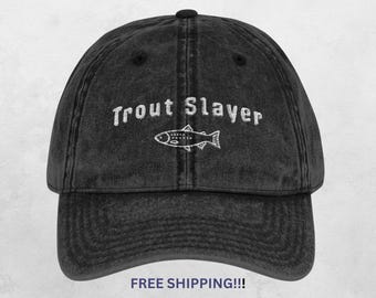 Funny Trout Fishing Hat, Embroidered Trout Fsherman Cap, Washed Out Vintage Style Fresh Water Fishing Cap, Wildlife Gift for Dad
