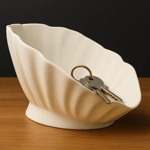 May include: A cream-colored, seashell-shaped ceramic bowl with a scalloped rim, holding a set of keys. The bowl sits on a wooden surface against a dark background. A decorative and functional item.