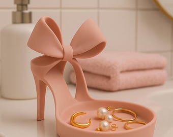 Printed High Heel Jewelry Holder with Bow – Elegant Ring & Earring Organizer Tray