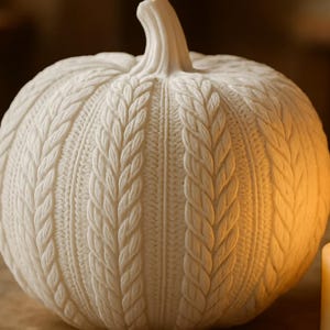 May include: A white ceramic pumpkin with a textured cable knit design. The pumpkin has a stem and sits next to a lit candle. This decorative pumpkin is perfect for fall and autumn home decor.