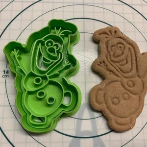 May include: A green plastic cookie cutter in the shape of a cartoon character next to a baked cookie of the same design. The cookie cutter is approximately 5.5 inches tall. The cookie is light brown.