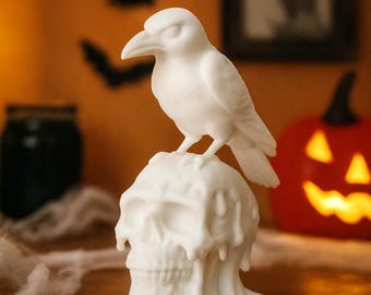 Raven on Skull Halloween Sculpture – 3D Printed Gothic Decor