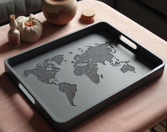 World Map Serving Tray – Modern Decorative Tray, Coffee Table Organizer, Travel-Inspired Home Décor