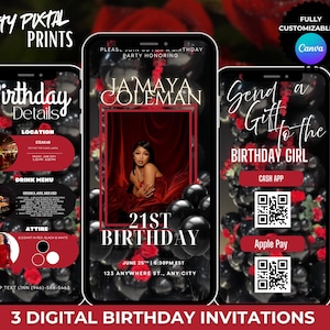 Modello di invito di compleanno rosso e nero / Invito alla festa modificabile su Canva / Invito di compleanno fai da te digitale per donne o adolescenti.
