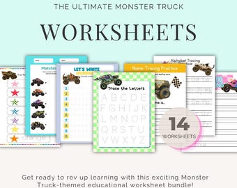 Könnte beinhalten: Eine Sammlung von 14 ausdruckbaren Lernarbeitsblättern zum Thema Monstertrucks mit Übungen zum Nachspuren des Alphabets, zum Zählen von Zahlen und zum Zuordnen, ergänzt durch farbenfrohe Grafiken zur Förderung der Schreibfertigkeiten.