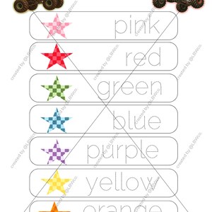 May include: An educational worksheet titled Trace the name of the colors featuring two monster trucks at the top and six rows of checkered stars in pink, red, green, blue, purple, yellow, and orange next to dotted text for tracing.