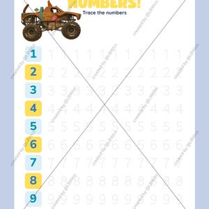 May include: A printable educational worksheet titled LET'S WRITE NUMBERS! Trace the numbers, featuring a brown monster truck graphic at the top. The page includes a vertical column of numbers 1 through 0 in blue and yellow boxes, with rows of dotted lines for tracing.