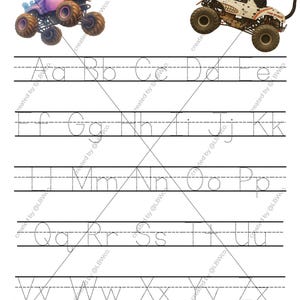 May include: An alphabet tracing practice worksheet featuring the text Alphabet Tracing Practice at the top. The page includes a purple unicorn monster truck and a white cat monster truck, with dotted uppercase and lowercase letters A through Z.