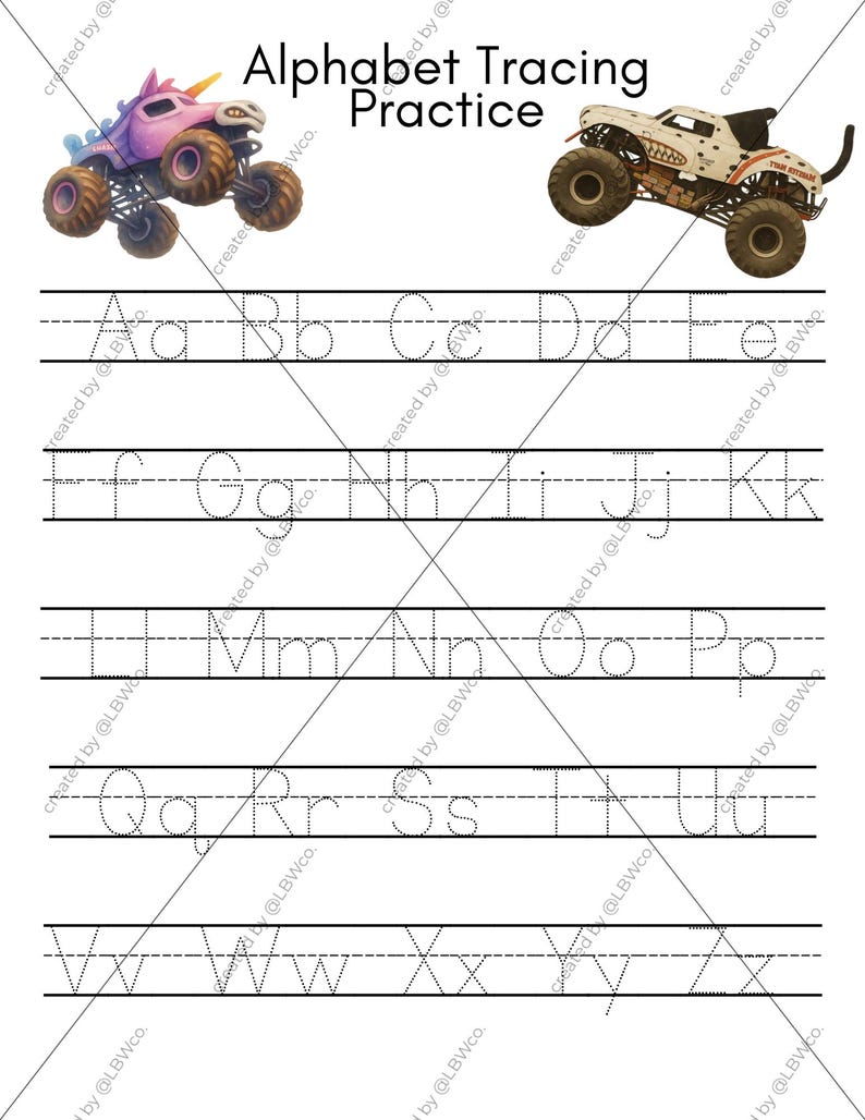 May include: An alphabet tracing practice worksheet featuring the text Alphabet Tracing Practice at the top. The page includes a purple unicorn monster truck and a white cat monster truck, with dotted uppercase and lowercase letters A through Z.