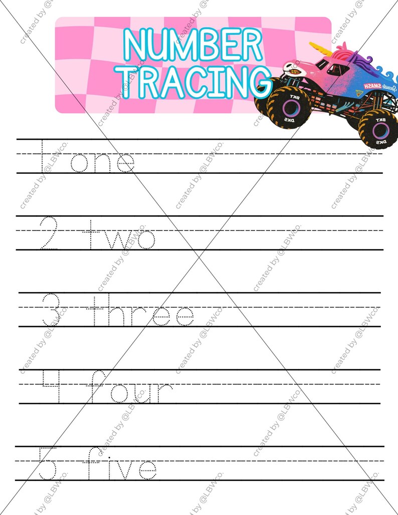 May include: A number tracing worksheet featuring a pink checkered header with the text NUMBER TRACING and a pink and blue unicorn monster truck. The page includes five rows with dotted lines for writing the numbers one through five.