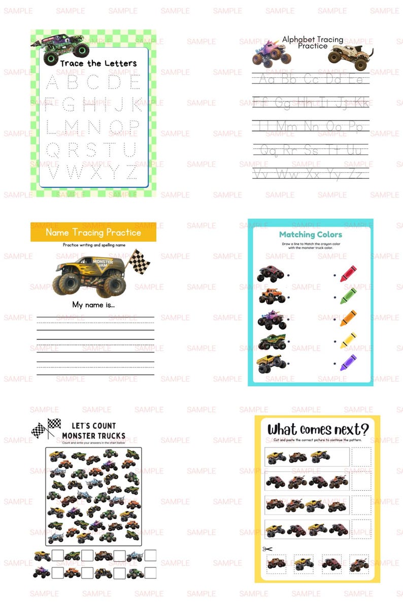 May include: A collection of six educational activity sheets featuring monster truck illustrations. The pages include alphabet tracing, name practice, color matching, counting exercises, and pattern completion tasks with various colorful trucks.