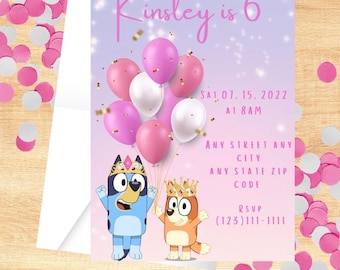 Könnte beinhalten: Eine Geburtstagseinladungskarte mit einem hellvioletten und rosafarbenen Hintergrund, rosa und weißen Luftballons sowie zwei Zeichentrickhunden mit Kronen. Der Text lautet: Kinsley is 6, Sat 07. 15. 2022 at 8am, Any Street Any City, Any State Zip Code, RSVP (123)111-1111.
