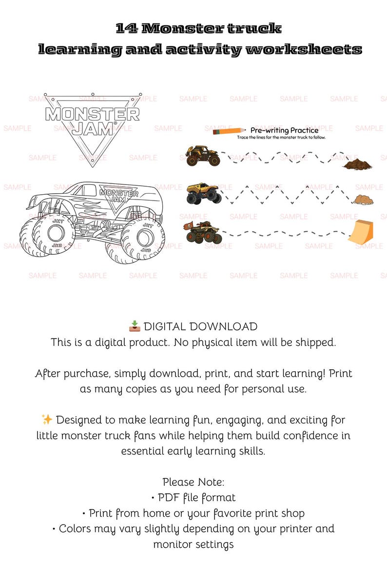 May include: A set of 14 monster truck learning and activity worksheets featuring pre-writing practice exercises with dashed lines, a large monster truck illustration, and text including 14 Monster truck learning and activity worksheets.