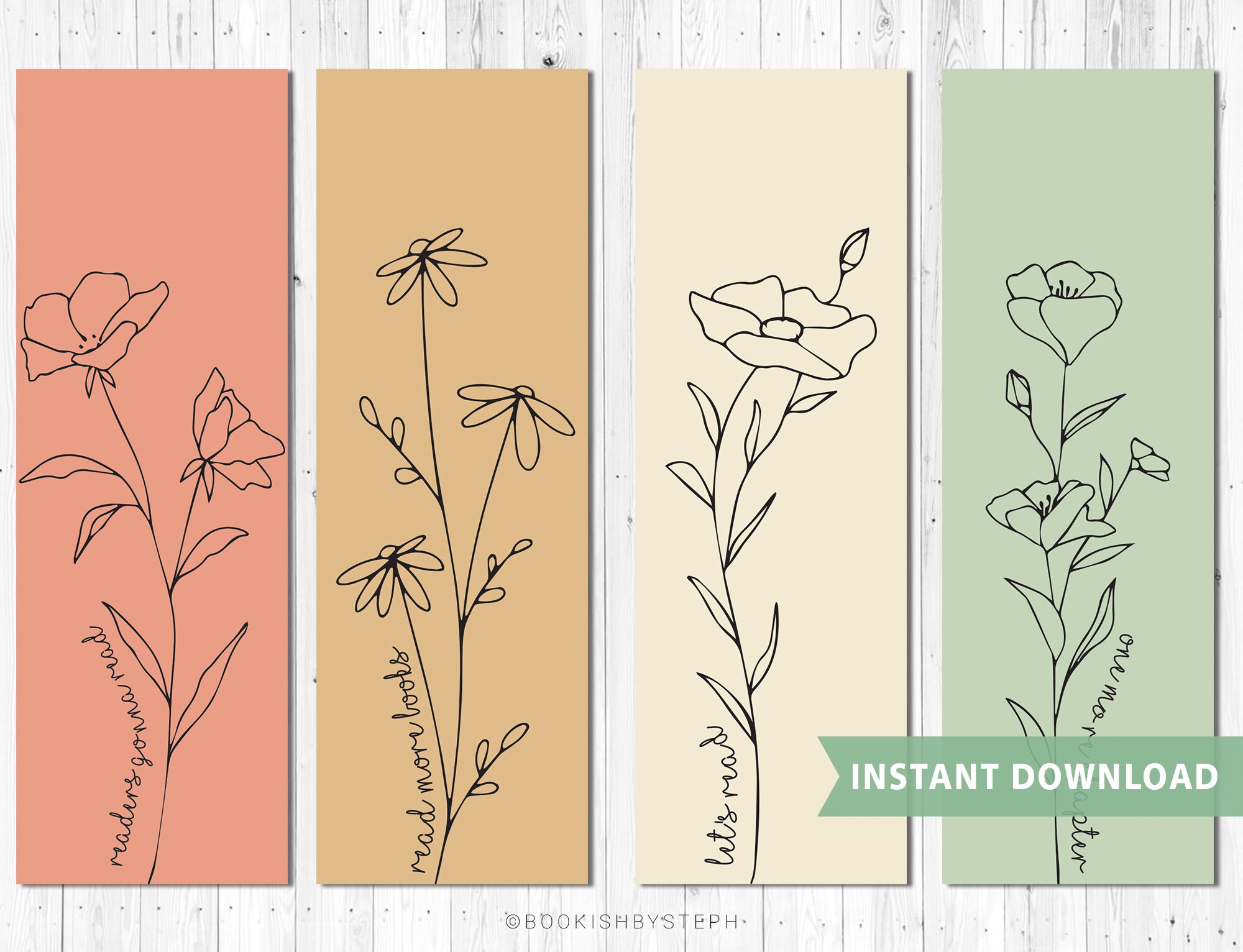 Floral Printable Bookmark Pack 2x6 Set of Five Bookish Bookmarks ...