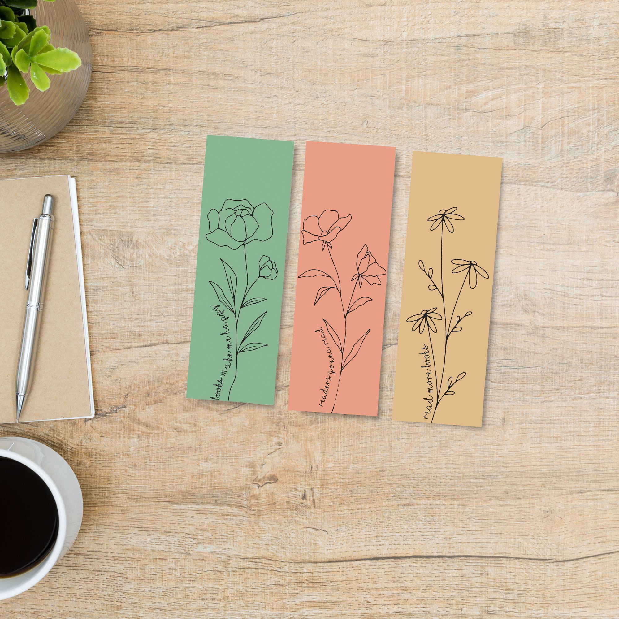 Floral Printable Bookmark Pack 2x6 Set of Five Bookish Bookmarks ...