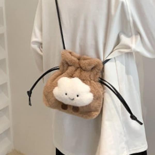 fluffy cloud plush drawstring bag, cute gift for her kawaii