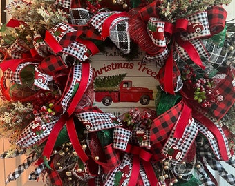 XL Beautiful rustic red truck and plaid wreath