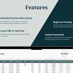 May include: A screenshot of a computer screen showing a spreadsheet with a transaction log for cryptocurrency trades. The spreadsheet includes columns for ticker, exchange, buy date, total invested, fees, quantity, buy price, current price, current value, profit/loss, profit/loss percentage, and notes. The spreadsheet shows a portfolio value of $17,906.80.