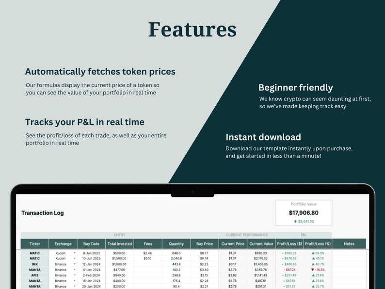 May include: A screenshot of a computer screen showing a spreadsheet with a transaction log for cryptocurrency trades. The spreadsheet includes columns for ticker, exchange, buy date, total invested, fees, quantity, buy price, current price, current value, profit/loss, profit/loss percentage, and notes. The spreadsheet shows a portfolio value of $17,906.80.