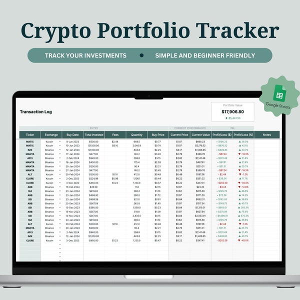 Portefeuille Crypto Tracker Investir Trading Tableur Feuilles Google Journal de trading Feuille de calcul simple et conviviale pour les débutants