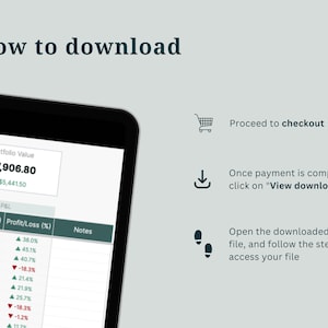 May include: A screenshot of a computer screen showing a portfolio value of $17,906.80, with a green arrow indicating an increase of $5,441.50. The screen also shows a table with profit and loss data. Below the screen, there are instructions on how to download a PDF file after making a purchase.