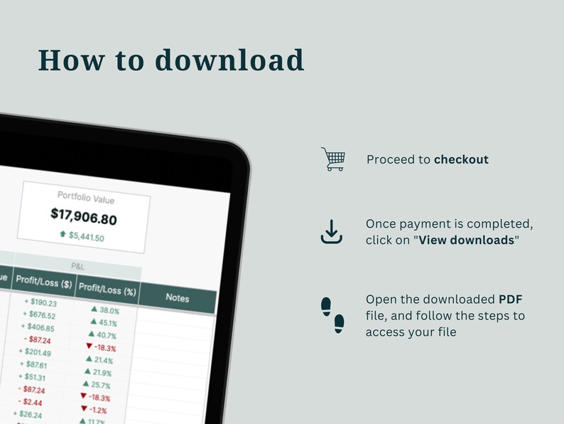 May include: A screenshot of a computer screen showing a portfolio value of $17,906.80, with a green arrow indicating an increase of $5,441.50. The screen also shows a table with profit and loss data. Below the screen, there are instructions on how to download a PDF file after making a purchase.