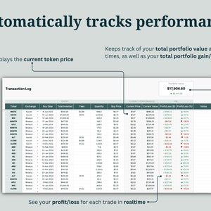 May include: A screenshot of a spreadsheet showing a transaction log for cryptocurrency investments. The spreadsheet includes columns for ticker, exchange, buy date, total invested, fees, quantity, buy price, current price, current value, profit/loss, profit/loss (%), and notes. The spreadsheet shows a portfolio value of $17,906.80.