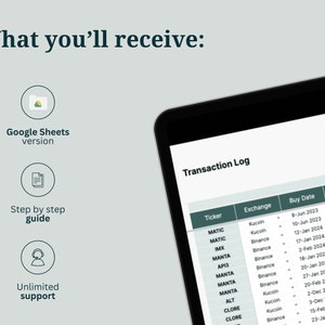 May include: A screenshot of a Google Sheet spreadsheet showing a transaction log for cryptocurrency investments. The spreadsheet includes columns for ticker, exchange, buy date, and total invested. The spreadsheet shows a variety of cryptocurrencies, including MATIC, IMX, MANTA, AP13, ALT, and CLORE.