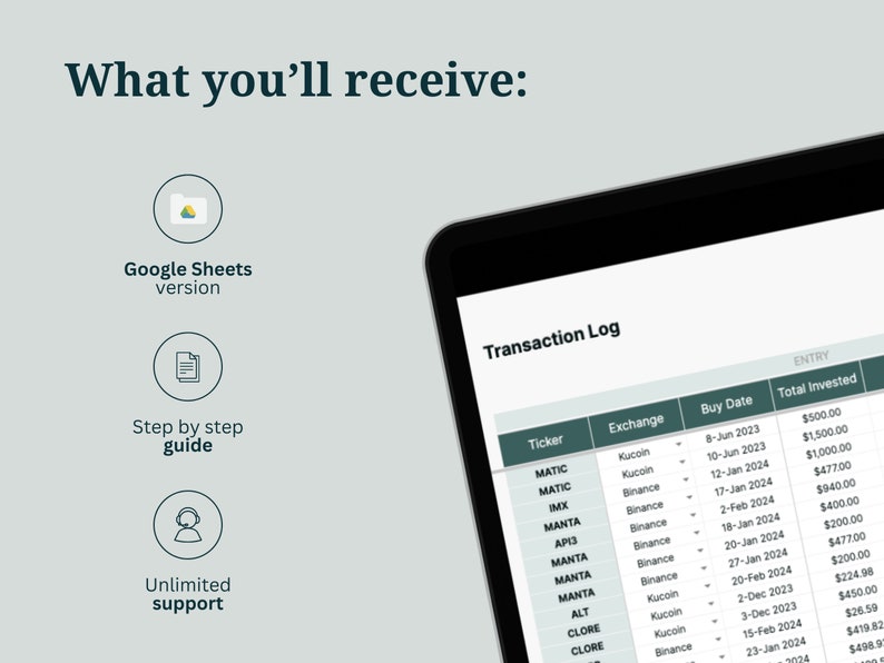 May include: A screenshot of a Google Sheet spreadsheet showing a transaction log for cryptocurrency investments. The spreadsheet includes columns for ticker, exchange, buy date, and total invested. The spreadsheet shows a variety of cryptocurrencies, including MATIC, IMX, MANTA, AP13, ALT, and CLORE.