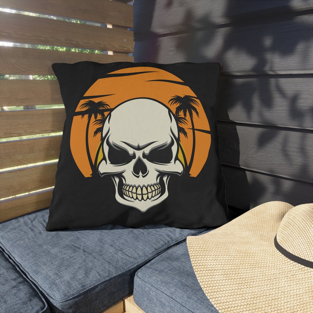 Skull Sunset Palm Trees Halloween Outdoor Pillow Black Etsy