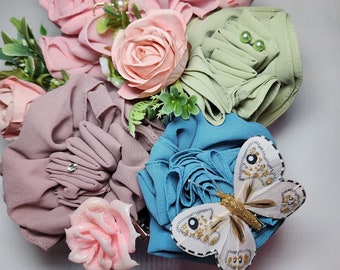 Chiffon Hijab Gift Box , Hijab Pins and Hijab Bouquet Perfumed Flowers Birthday, Ramadan Gift, Eid Gift